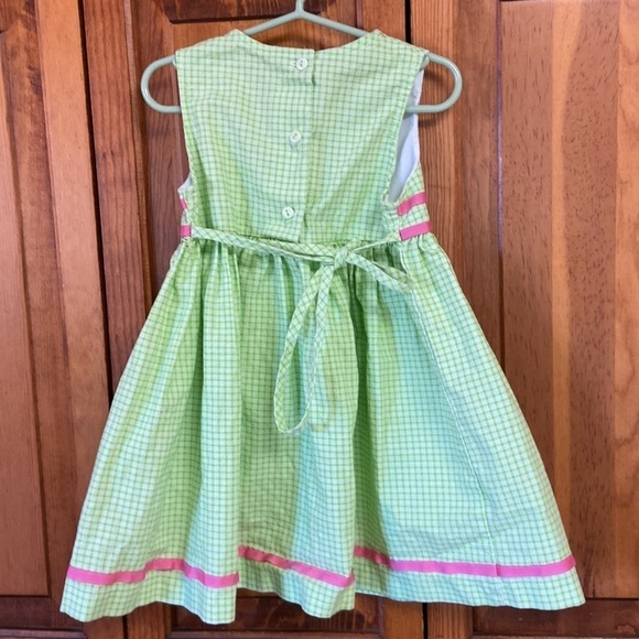 Bonnie Jean Sleeveless Square Neck Green Checkered Cotton Dress Pink Ribbon Trim - Picture 2 of 10